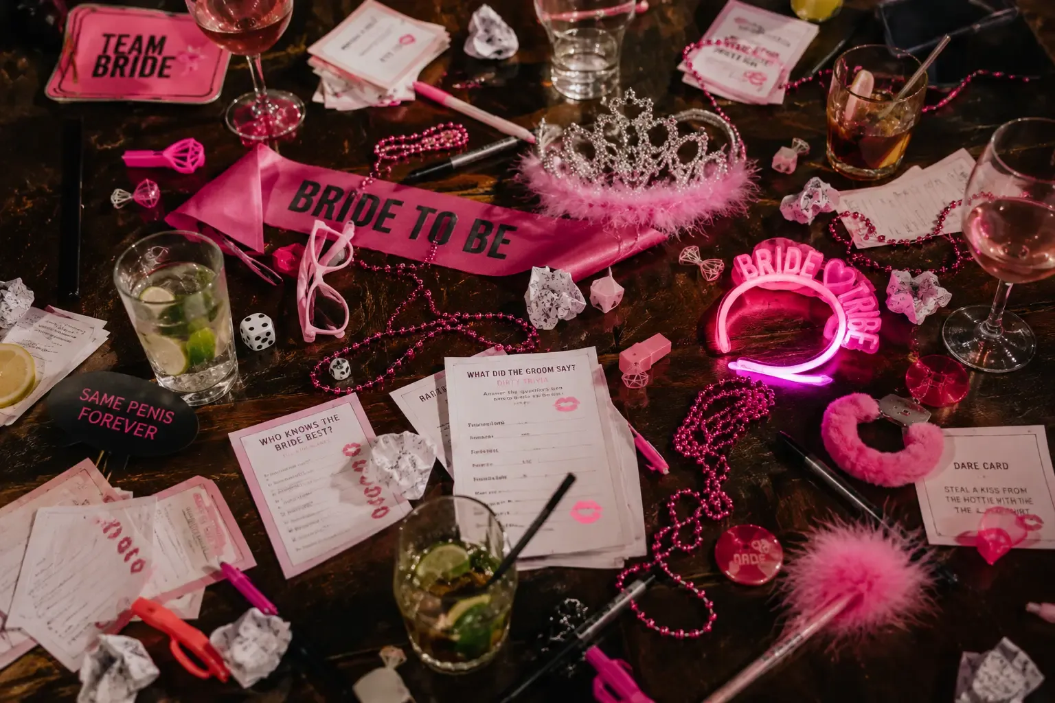 A messy table scattered with printed bachelorette party games and cheap props