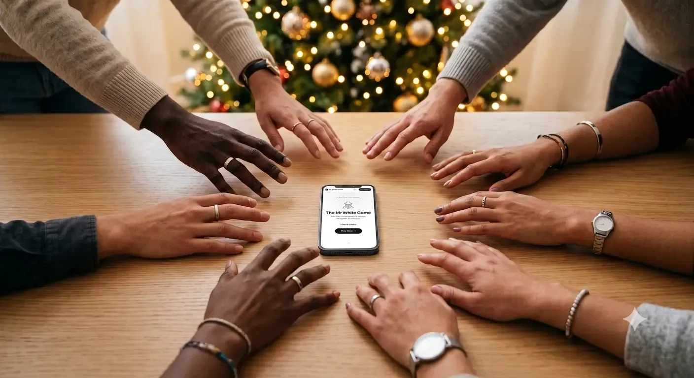 A diverse group of friends reaching for a single smartphone playing Mr White Online, illustrating the pass-and-play zero setup party game concept