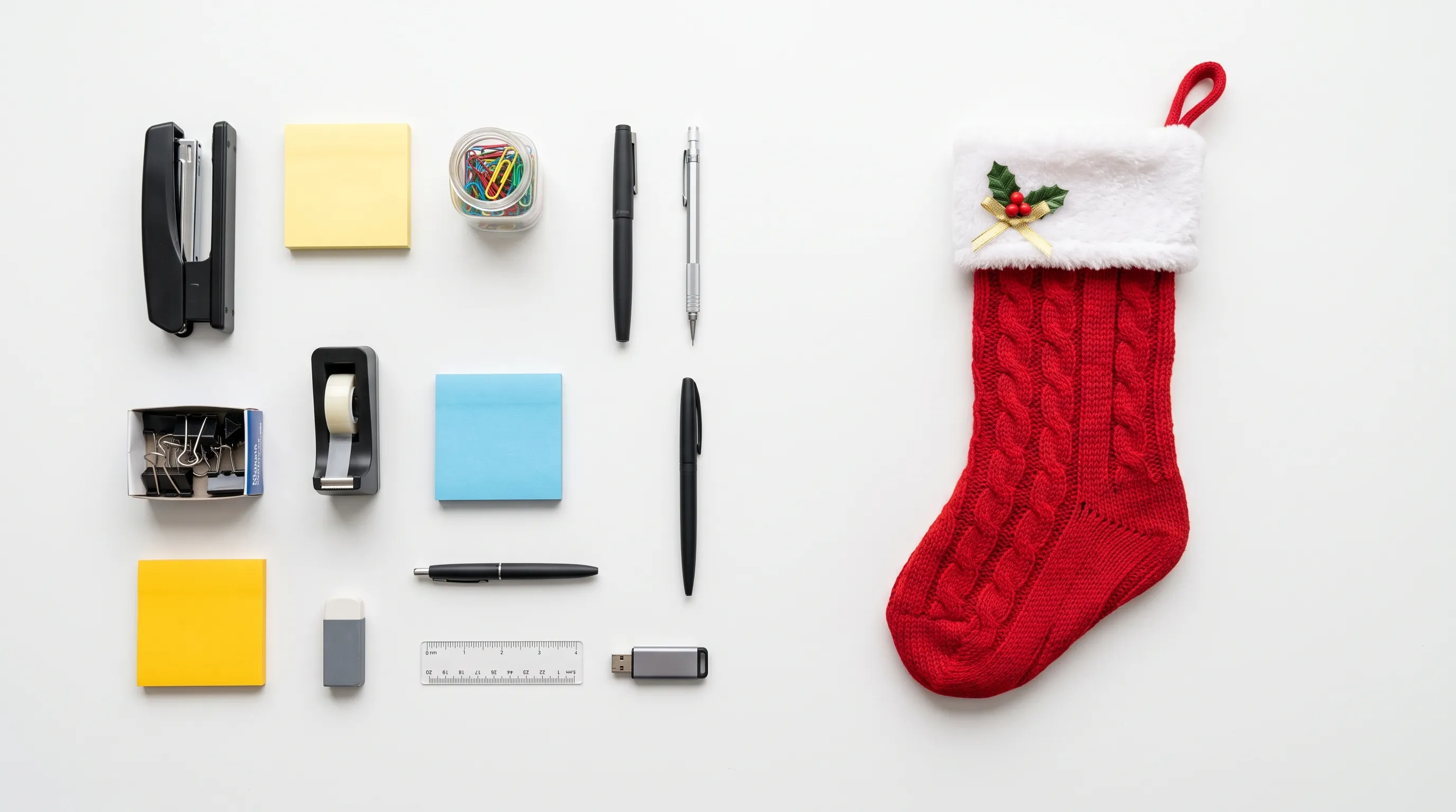 Top-down flatlay of office supplies and a Christmas stocking