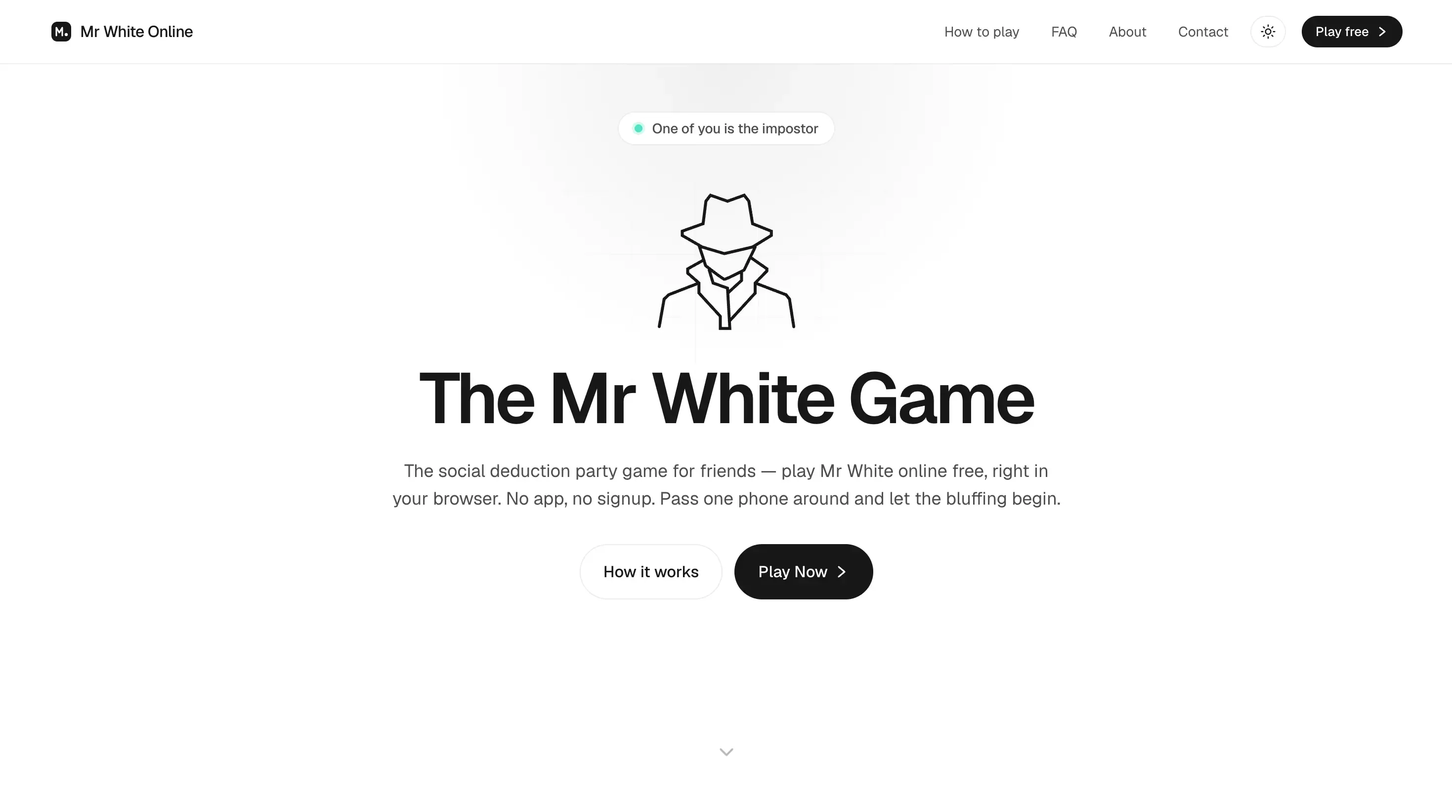 The clean, minimalist user interface of The Mr White Game browser-based social deduction platform