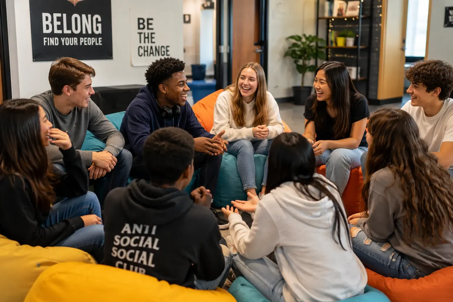 Teenagers laughing and bonding in a circle