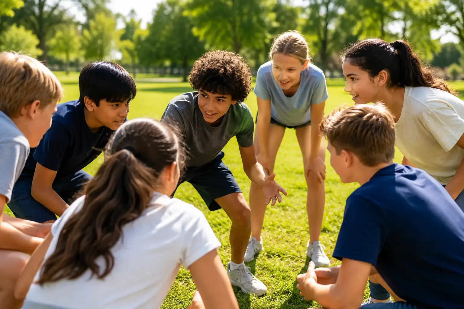 Group of middle school kids playing an outdoor game with no equipment